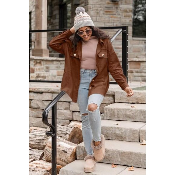 Womens Corduroy Shacket Large Casual Button-Down Long Sleeve Tops - Picture 5 of 7